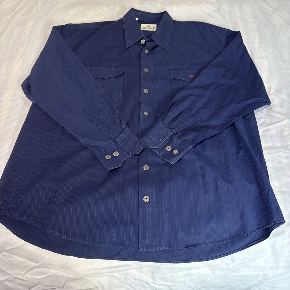 King Ranch Mens 2XL Western Shirt Long Sleeve Navy Blue Red Pinstripe Running W